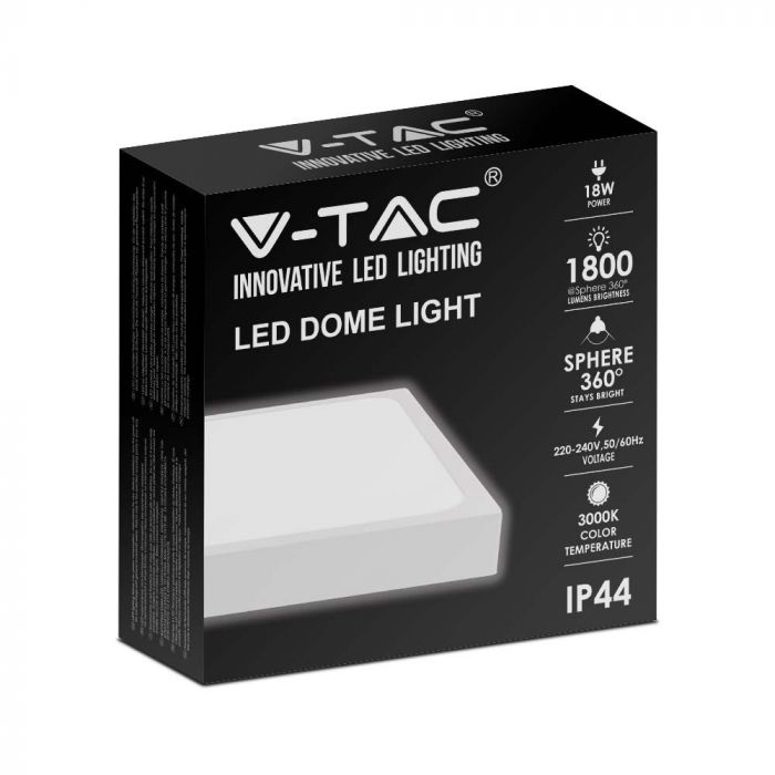 18W(1800Lm) LED kupolveida gaismeklis, V-TAC, IP44, kvadrāta, balts, silti balta gaisma 3000K