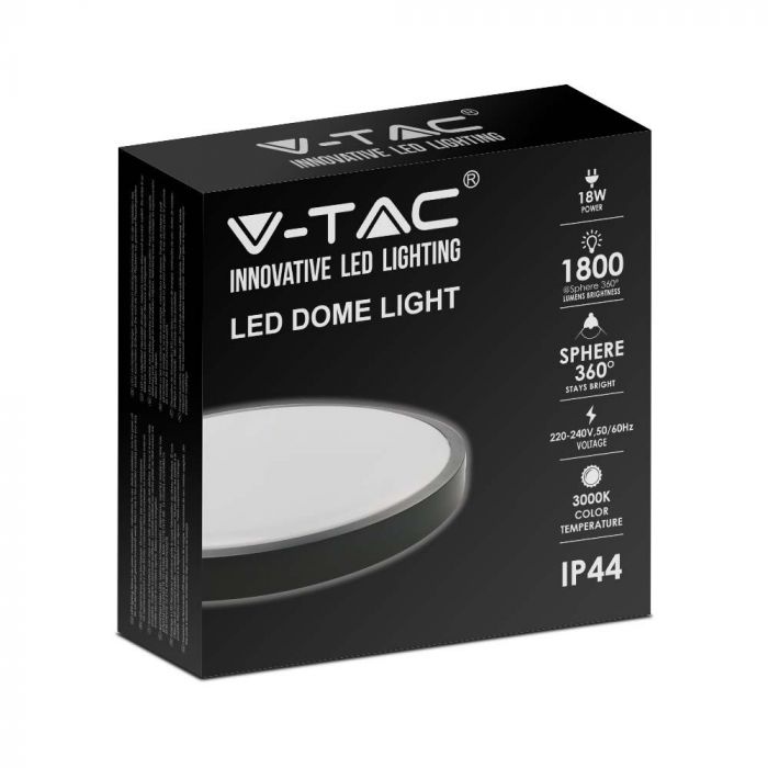 18W(1800Lm) LED kuppelvalgusti, V-TAC, IP44, ümmargune, must, jaheda valge valgus 6500K