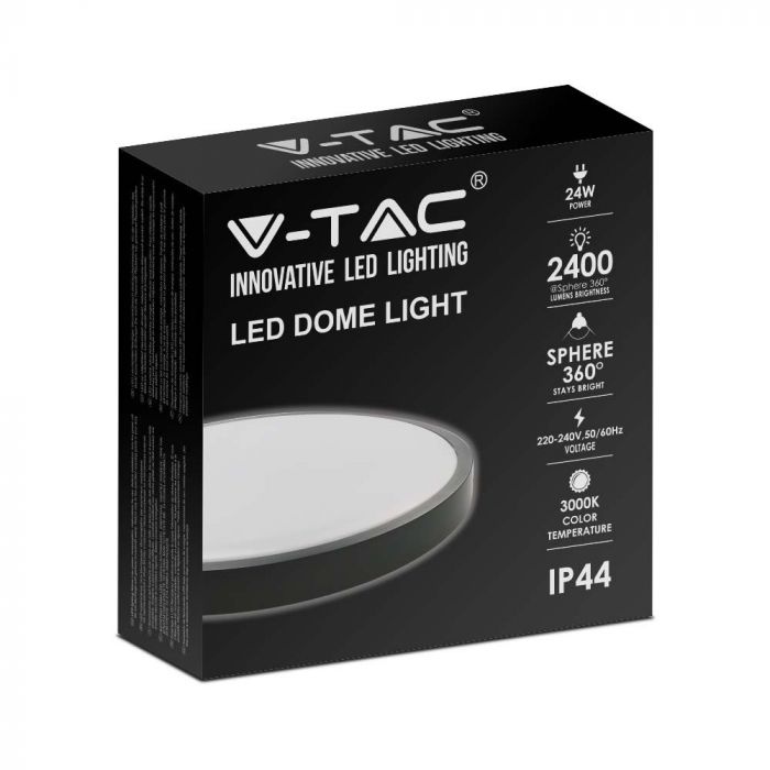 Купольный светодиодный светильник 24W(2400Lm), V-TAC, IP44, круглый, черный, теплый белый свет 3000K