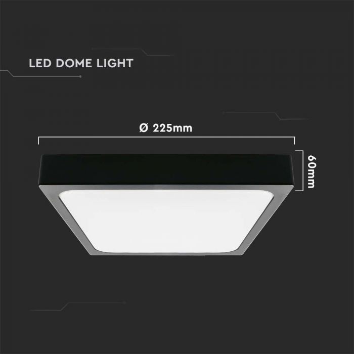 18W(1800Lm) LED kupolveida gaismeklis, V-TAC, IP44, kvadrāta, melns, silti balta gaisma 3000K