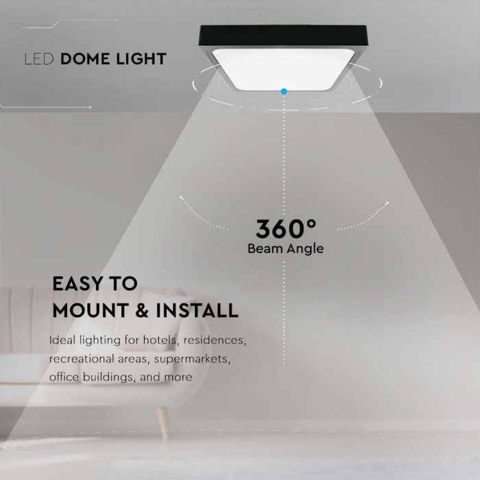 18W(1800Lm) LED kupolveida gaismeklis, V-TAC, IP44, kvadrāta, melns, silti balta gaisma 3000K