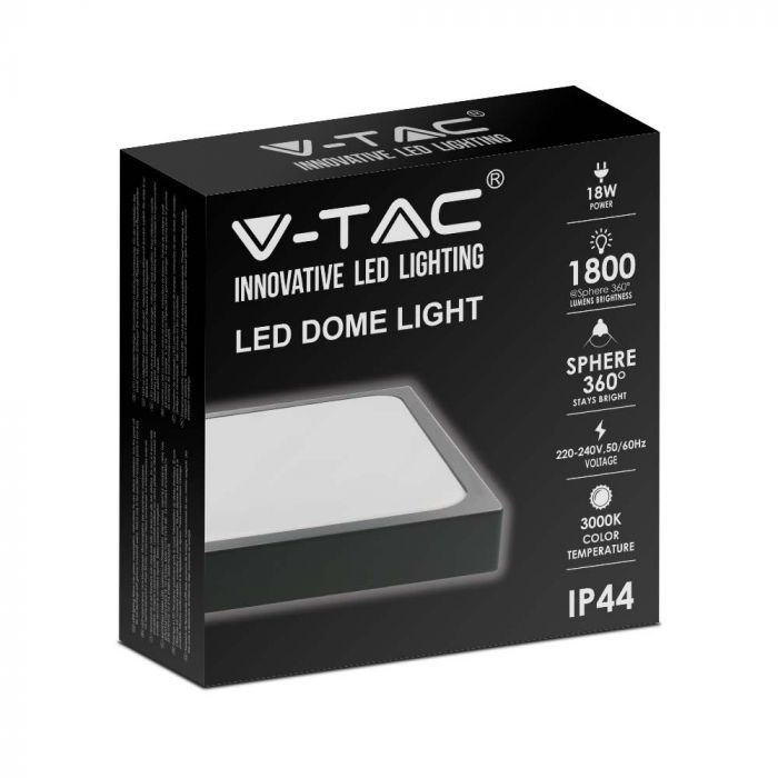 18W(1800Lm) LED kupolveida gaismeklis, V-TAC, IP44, kvadrāta, melns, auksti balta gaisma 6500K