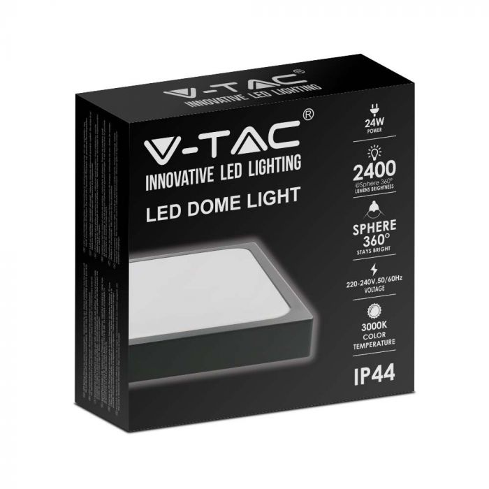 24W(2400Lm) LED kupolveida gaismeklis, V-TAC, IP44, kvadrāta, melns, silti balta gaisma 3000K
