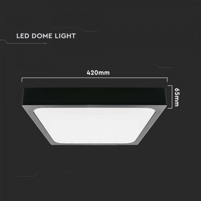 30W(300Lm) LED kupolveida gaismeklis, V-TAC, IP44, kvadrāta, melns, silti balta gaisma 3000K
