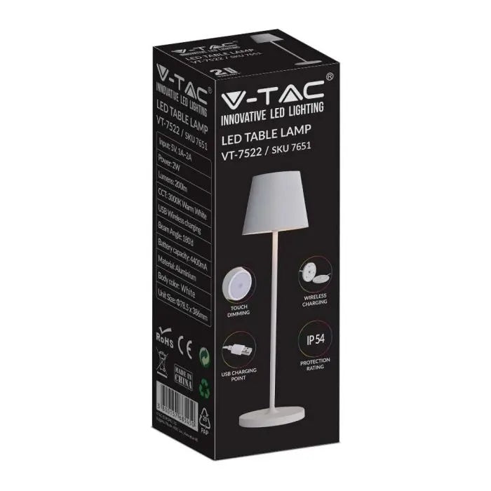 2W(200Lm) LED table lamp with 4400mA battery, 5V, 1A-2A, IP54, dimmable, touch-sensitive switch, white, warm white light 3000K