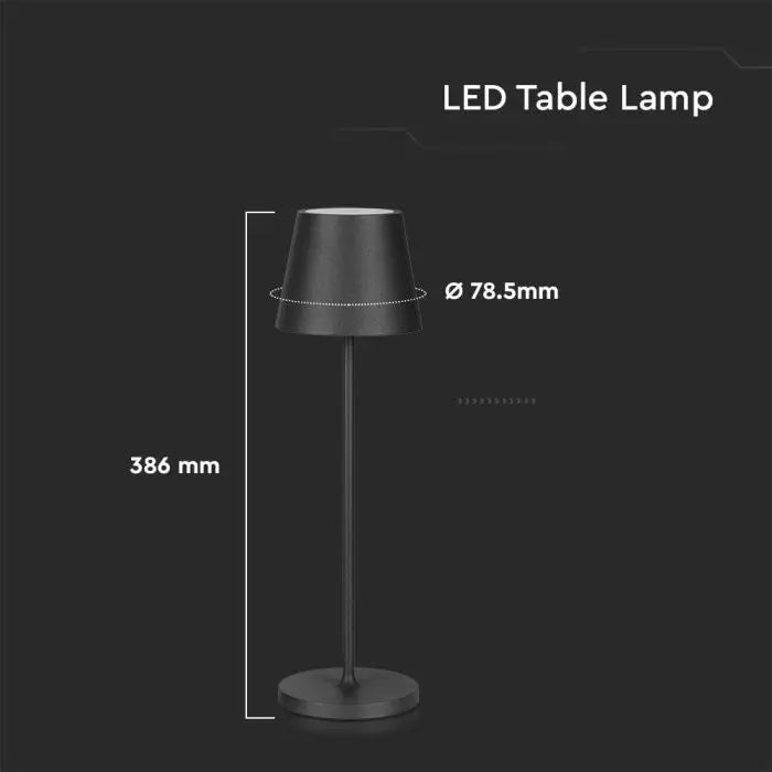 2W(200Lm) LED table lamp with 4400mA battery, 5V, 1A-2A, IP54, dimmable, touch-sensitive switch, black, warm white light 3000K