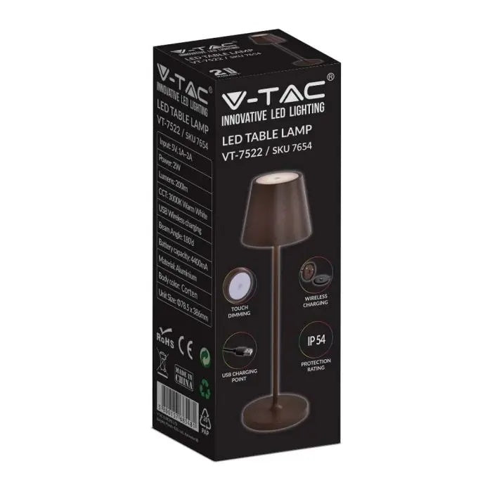 2W(200Lm) LED-bordslampa, V-TAC, IP54, 5V, 1A-2A, 4400m batteri, varmvitt ljus 3000K