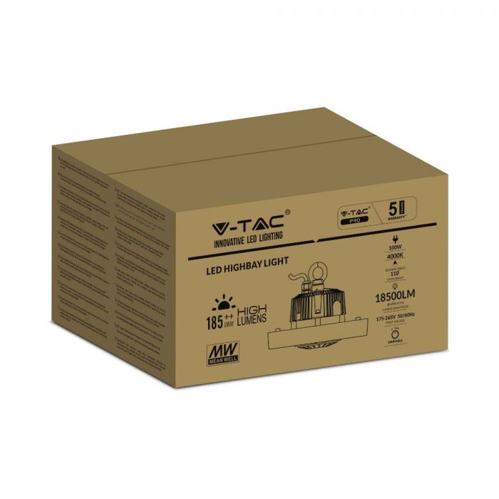 100W(18500Lm) 1-10V VTAC LED noliktavas gaismeklis, melns, dimmējams, IP65, Meanwell barošanas bloks, dimmējams, garantija 5 gadi, neitrāli balta gaisma 4000K