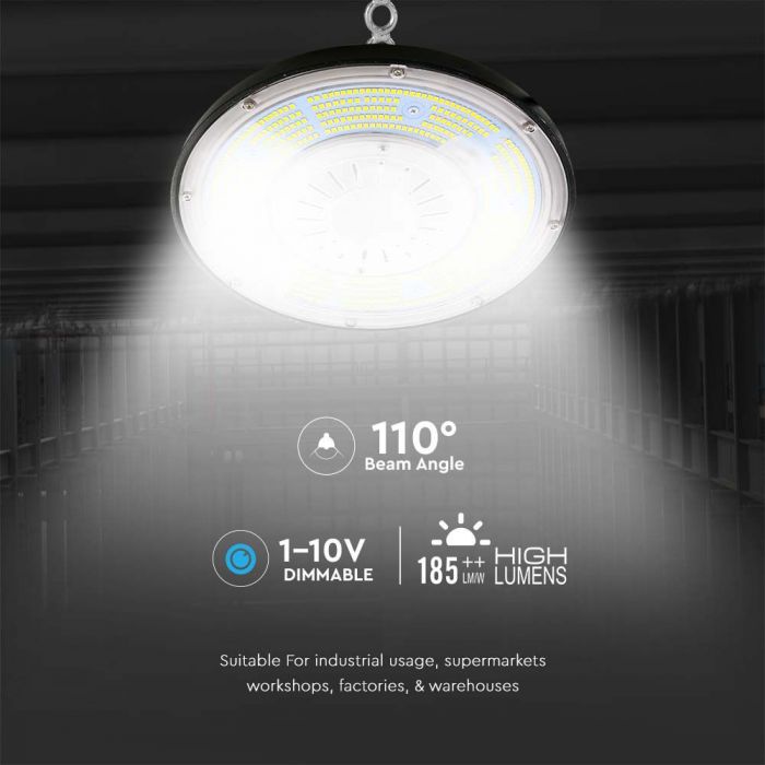 100W(18500Lm) 1-10V VTAC LED noliktavas gaismeklis, melns, dimmējams, IP65, Meanwell barošanas bloks, dimmējams, garantija 5 gadi, neitrāli balta gaisma 4000K