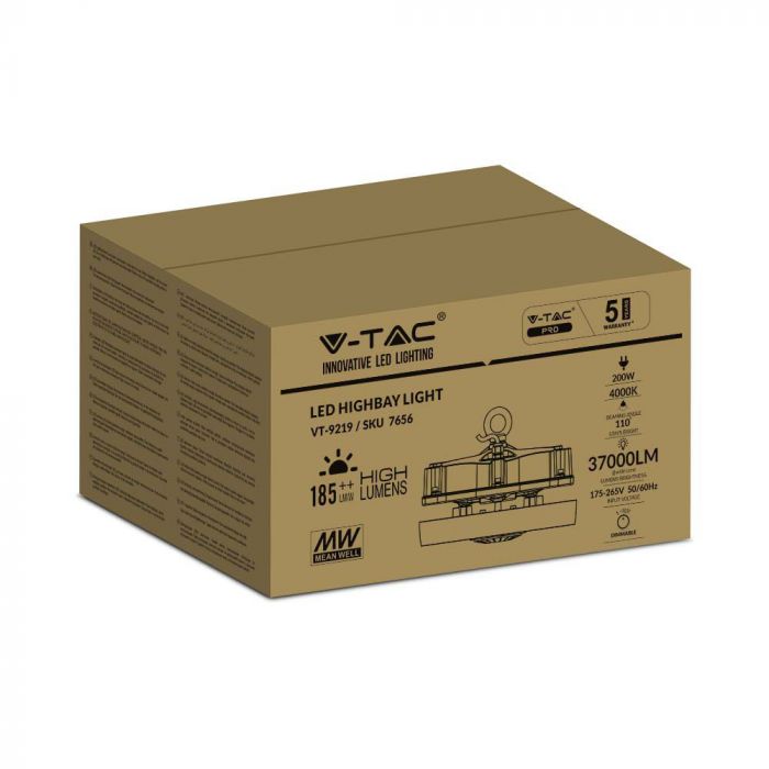 200W(37000Lm) VTAC LED warehouse light, black, IP65, Meanwell power supply unit, dimmable, warranty 5 years, neutral white light 4000K