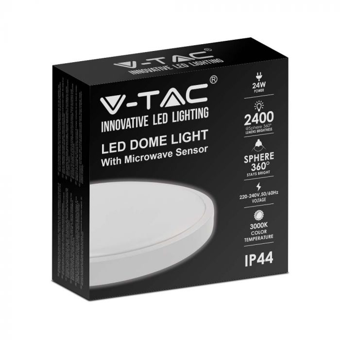 30W(3000Lm) LED kupolveida gaismeklis ar mikroviļņu sensoru, V-TAC, IP44, apaļš, balts, neitrāli balta gaisma 4000K