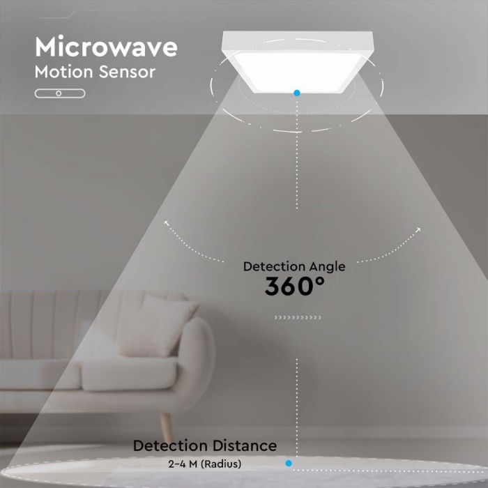 30W(3000Lm) LED dome light with microwave sensor, V-TAC, IP44, square, white, neutral white light 4000K