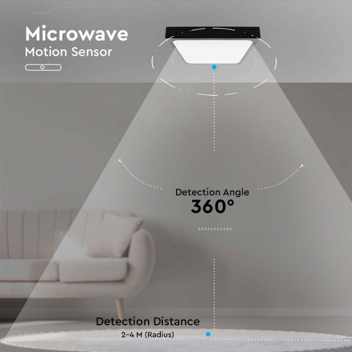 30W(3000Lm) LED kupolveida gaismeklis ar mikrovilņu sensoru, V-TAC, IP44, kvadrāta, melns, neitrāli balta gaisma 4000K