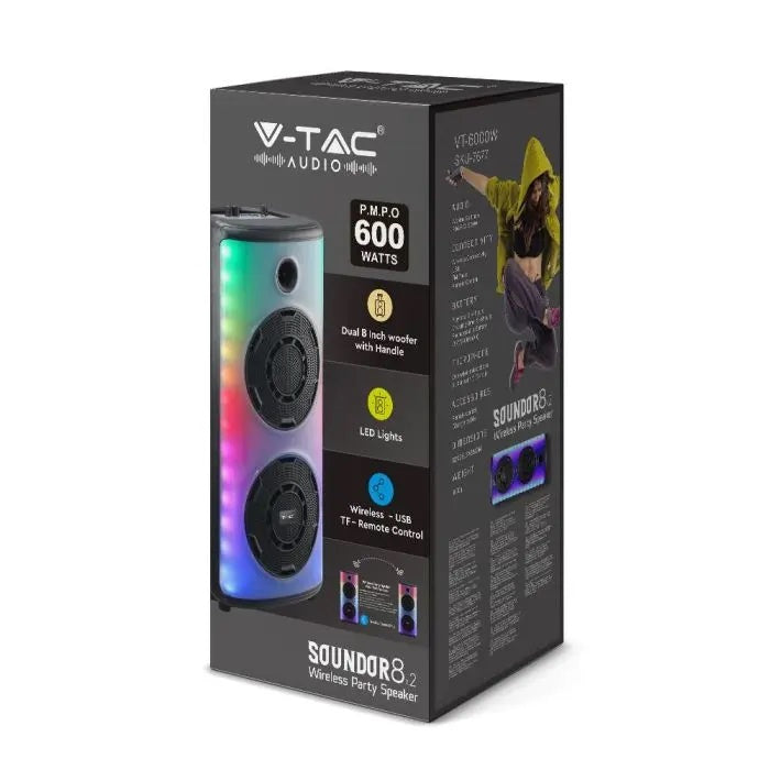 600W 5V Wireless Rechargeable Speaker with LED Light, Wired Microphone and RF Remote Control, TWS Function, PMPO 600W, USB, FM Radio, 320x295x650mm
