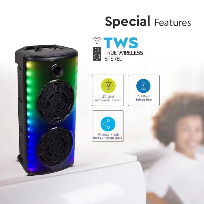 600W 5V Wireless Rechargeable Speaker with LED Light, Wired Microphone and RF Remote Control, TWS Function, PMPO 600W, USB, FM Radio, 320x295x650mm