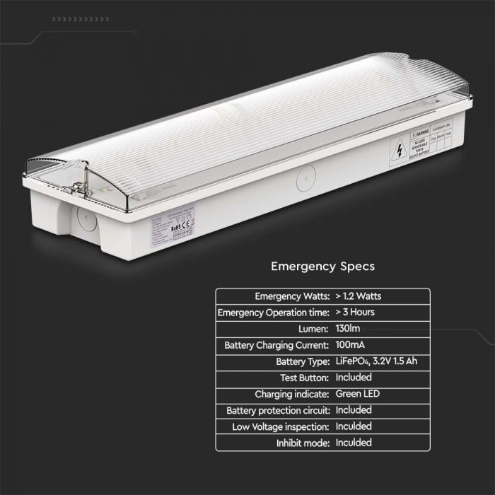 3W(130Lm) LED EMERGENCY exit, V-TAC, IP65, warranty 3 years, cold white light 6400K