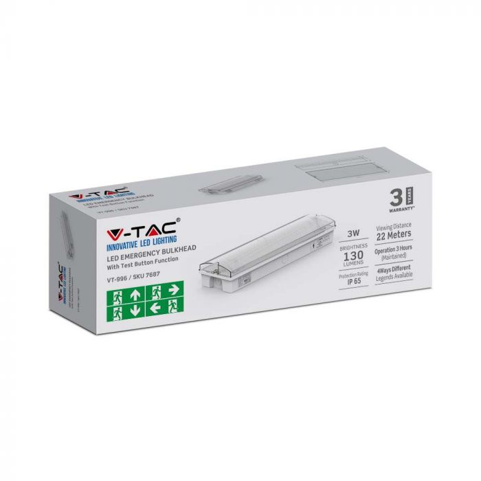 3W(130Lm) LED AVĀRIJAS izeja, V-TAC, IP65, garantija 3 gadi, auksti balta gaisma 6400K