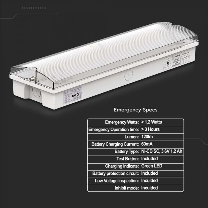 3W(120Lm) LED EMERGENCY exit, V-TAC, IP65, warranty 3 years, cold white light 6400K