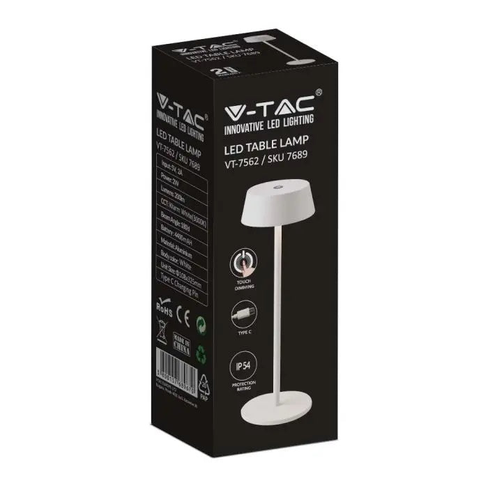 2W(200Lm) LED-bordslampa, V-TAC, IP20, vit, varmvitt ljus 3000K