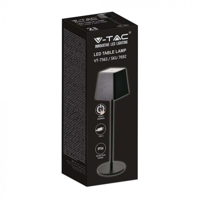 2W(200Lm) LED-bordslampa, V-TAC, IP54, dimbar, svart, varmvitt ljus 3000K