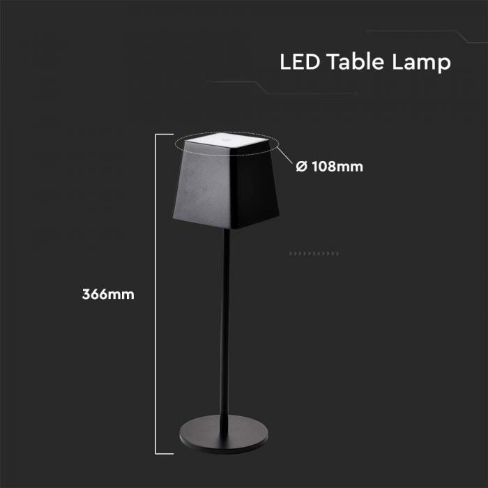 2W(200Lm) LED-bordslampa, V-TAC, IP54, dimbar, svart, varmvitt ljus 3000K