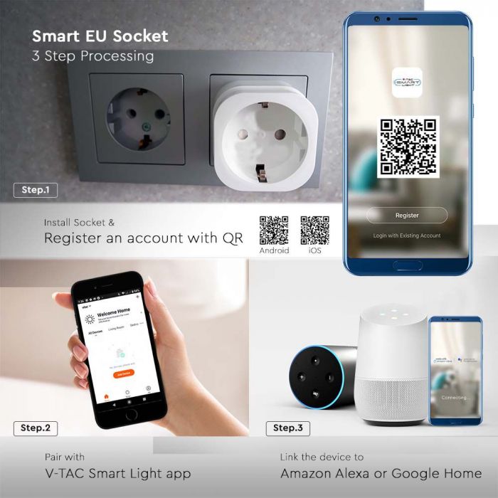 Розетка WIFI (совместима с AMAZON ALEXA и GOOGLE HOME), MAX3680W, V-TAC