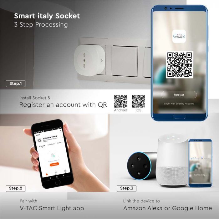 SMART rozete, saderīga ar AMAZON ALEXA&GOOGLE HOME, V-TAC, balta, IP20