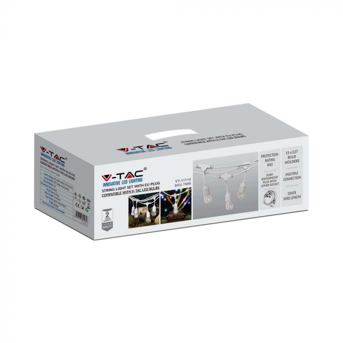 15m E27 LED bulb string, distance between bulbs 1m x15 bulbs (bulbs not included), waterproof IP65, AC220-240V, 2.75kg+bulb weight, white, with 220V socket at the end and plugs at the beginning, it is possible to connect several in series
