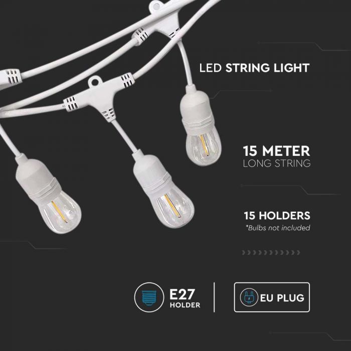 15m E27 LED bulb string, distance between bulbs 1m x15 bulbs (bulbs not included), waterproof IP65, AC220-240V, 2.75kg+bulb weight, white, with 220V socket at the end and plugs at the beginning, it is possible to connect several in series