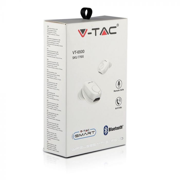 55 mAh V-TAC BLUETOOTH austiņas baltas, iebūvēts mikrofons brīvroku zvaniem