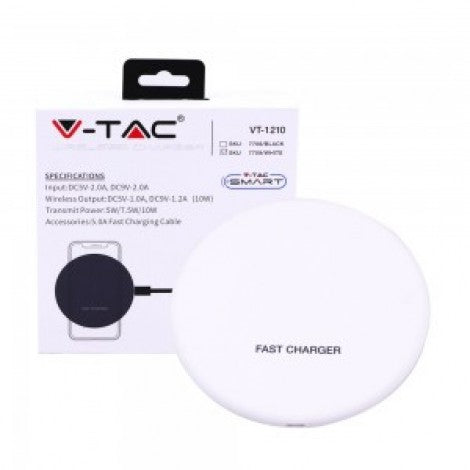 V-TAC SMART bezvadu lādētājs, apaļš, balts, ietver 5.0A ātru uzlādes kabeli