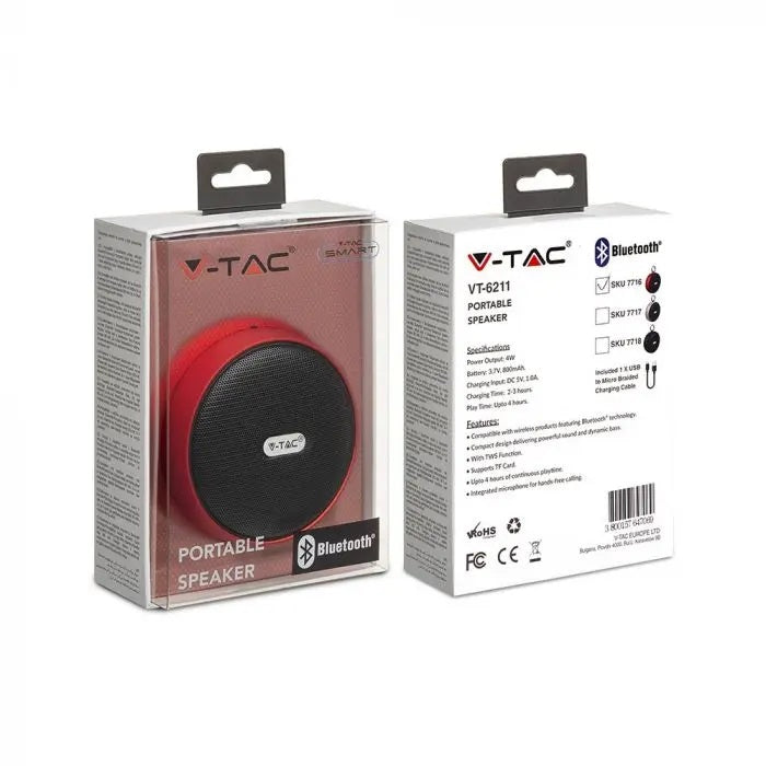 Portable BLUETOOTH speaker with micro USB cable, DC 5V/1.0A, TWS function, 800mah battery, red, V-TAC