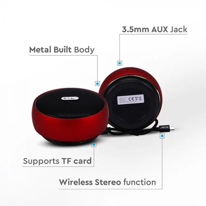Portable BLUETOOTH speaker with micro USB cable, DC 5V/1.0A, TWS function, 800mah battery, red, V-TAC