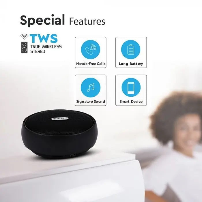 Portable BLUETOOTH speaker with micro USB cable, DC 5V/1.0A, TWS function, 800mah battery, black, V-TAC