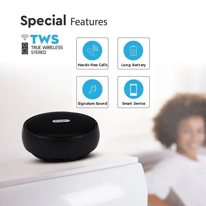 Portatīvs BLUETOOTH skaļrunis ar micro USB vadu, DC 5V/1.0A, TWS funkcija, 800mah baterija, melns, V-TAC
