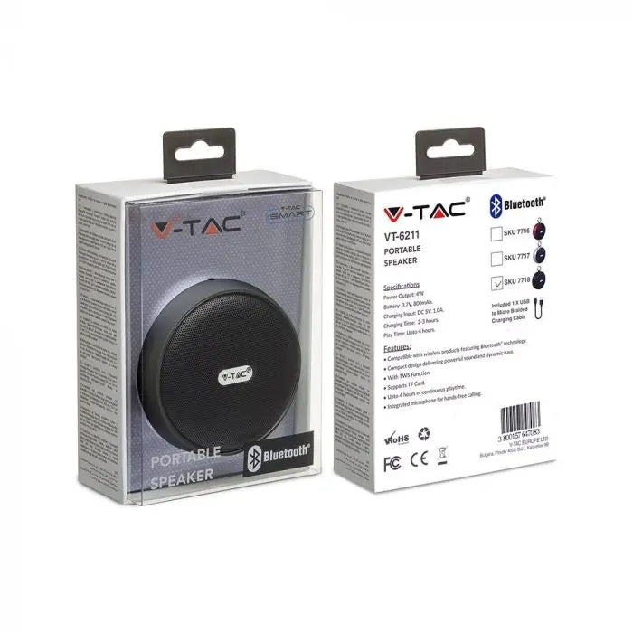 Portatīvs BLUETOOTH skaļrunis ar micro USB vadu, DC 5V/1.0A, TWS funkcija, 800mah baterija, melns, V-TAC