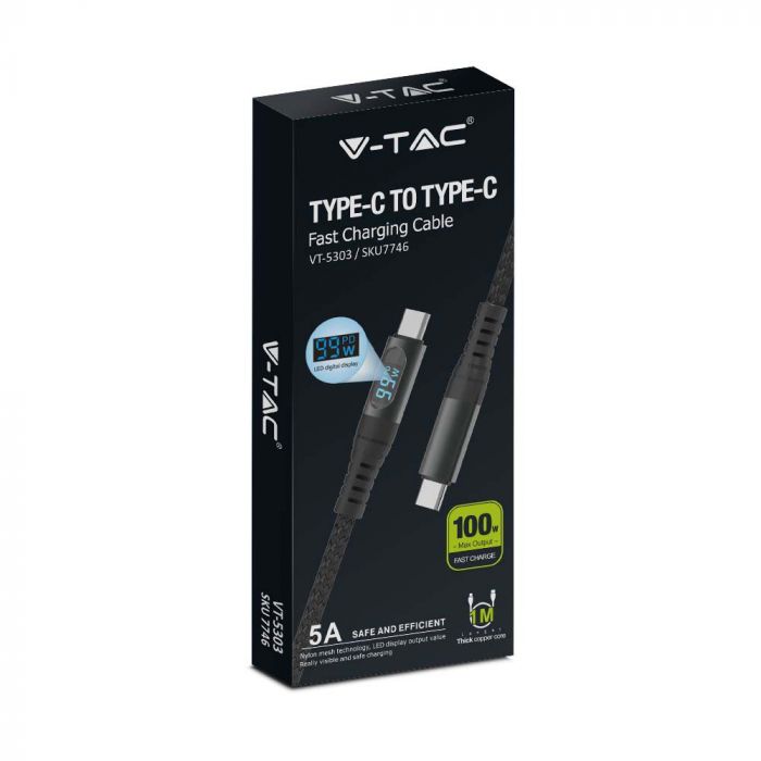 V-TAC USB Type C cable, 1m, 5A Max, black