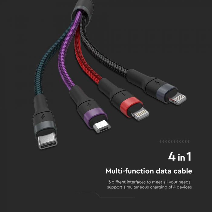 V-TAC 4IN1 laddningskabel: USB till Type-C, USB till Micro och 2 USB till Lightning