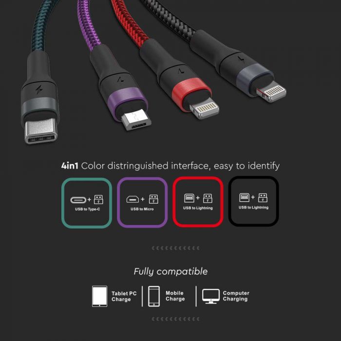 V-TAC 4IN1 laddningskabel: USB till Type-C, USB till Micro och 2 USB till Lightning