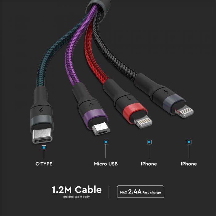 V-TAC 4IN1 laddningskabel: USB till Type-C, USB till Micro och 2 USB till Lightning