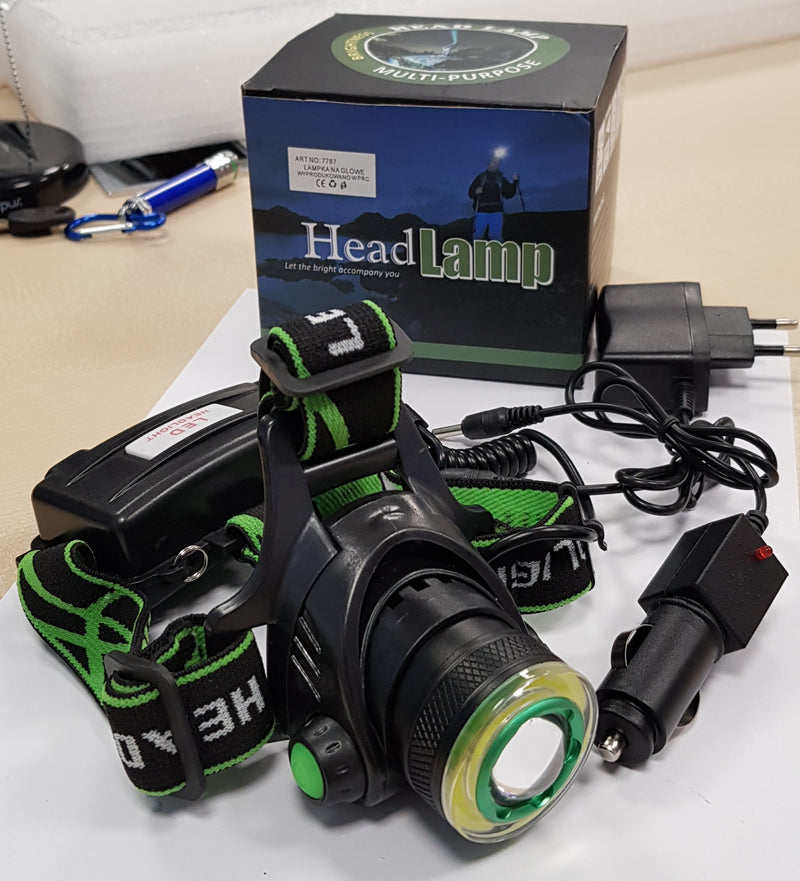 LED CREE headlamp with 3 T6 diodes and zoom function (batteries and charger 220V included (not included), car charger 12V)