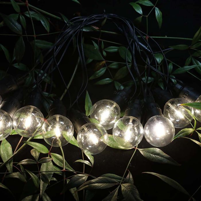 SOLAR LED string light 12m long with solar panel (1.12W) with 10 LED 0.5W G50 bulbs, IP44, 3000K