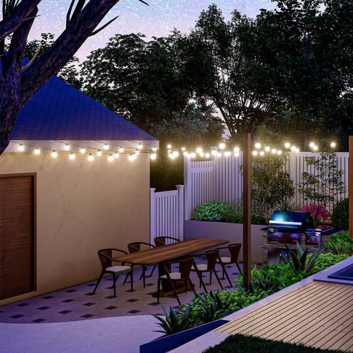 12m pikk päikesepaneeliga LED-valguspael (1,12W) koos 10 LED 0,5W G50 pirniga, IP44, 3000K.