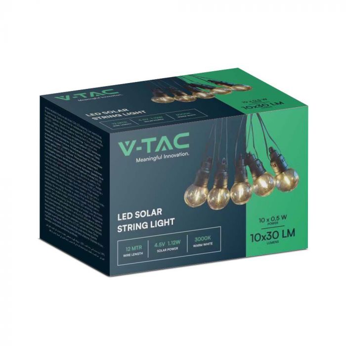 12m pikk päikesepaneeliga LED-valguspael (1,12W) koos 10 LED 0,5W G50 pirniga, IP44, 3000K.