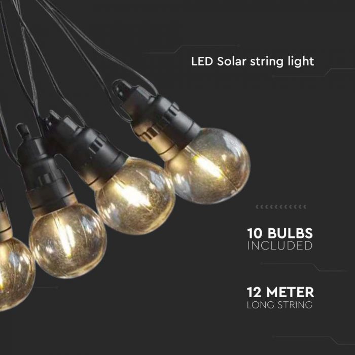PROHIBITED ITEM - 12m long solar LED string with solar panel (1.12W) with 10 LED 0.5W G50 bulbs, IP44, 3000K
