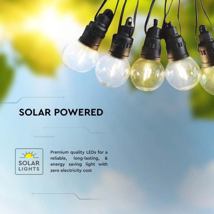 12m gara solārā LED virtene ar saules paneli (1.12W) ar 10 LED 0.5W  G50 spuldzēm,  IP44, 3000K