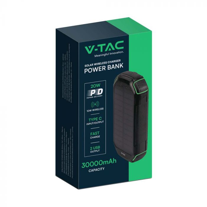 20W 30000mAh saules bezvadu powerbanka, melna, IP20, V-TAC