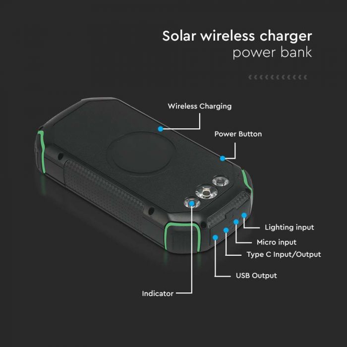 20W 30000mAh saules bezvadu powerbanka, melna, IP20, V-TAC