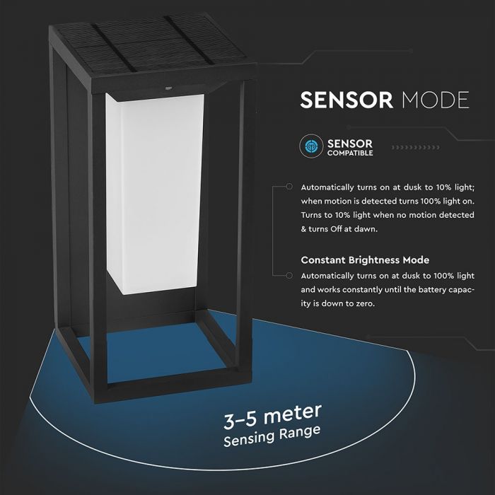 2W(220Lm) LED солнечный светильник с датчиком освещенности, V-TAC SAMSUNG CHIP, IP65, лит.бат.3.7V/2600mAh, теплый белый свет 3000K