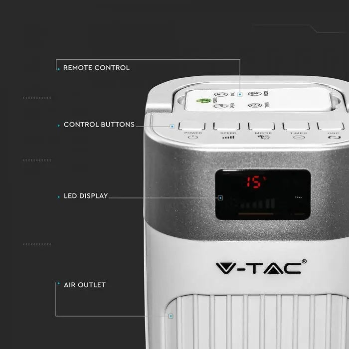 55W V-TAC ventilators ar temperatūras displeju, 3 darba režīmiem, tālvadību, IP20,  300x300x950